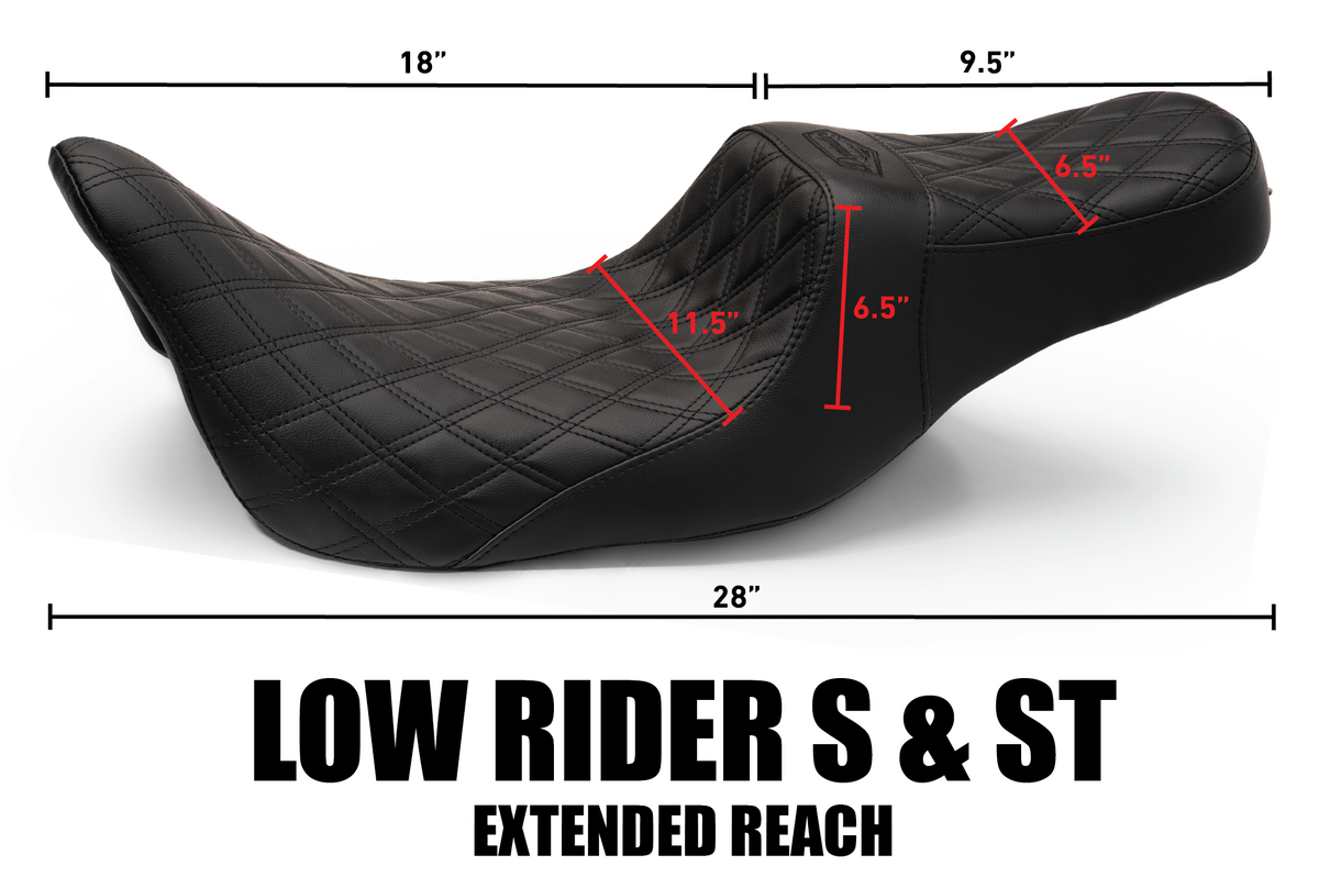 Extended Reach Red Stealth-Grip™ Seat & Sissy Bar Combo with Black Double Diamond Stitching for the 2020-2026 Low Rider S & ST