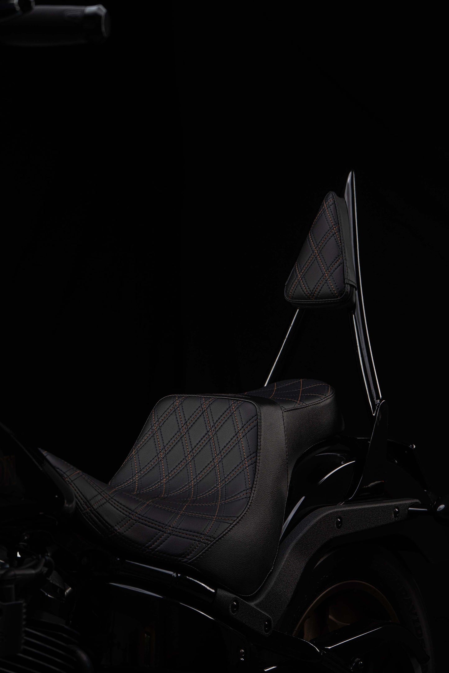 Seat & Sissy Bar Combo, Our Stealth-Grip™ Triple Diamond™ 2-Up Saddle combined with our Diablo Sissy Bar with 100% Matching Triple Diamond Backrest Pad! (For 2009-2023 Touring Models)