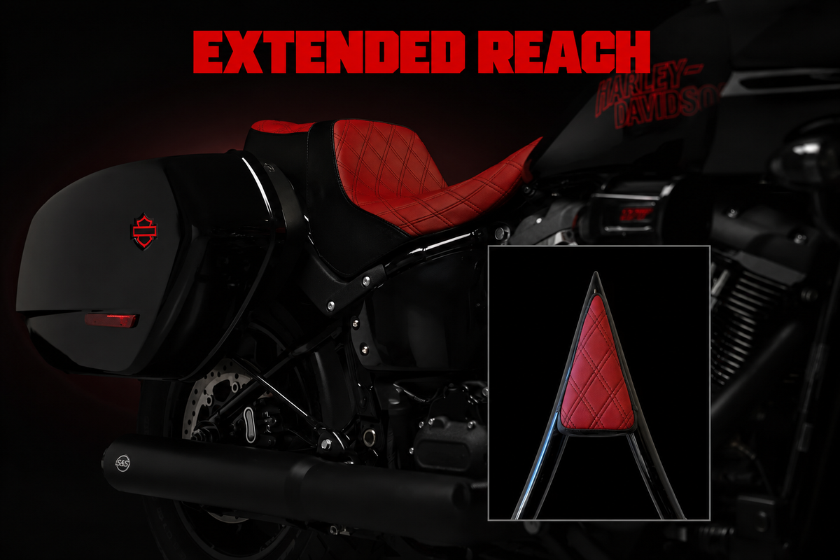 Extended Reach Red Stealth-Grip™ Seat & Sissy Bar Combo with Black Double Diamond Stitching for the 2020-2026 Low Rider S & ST