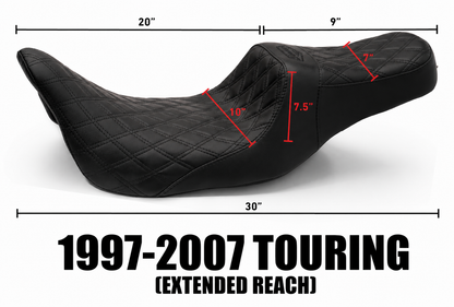 Extended Reach 2-Up Double Diamond Stealth-Grip™ Premium Saddles for 1997-2007 Road King Standard