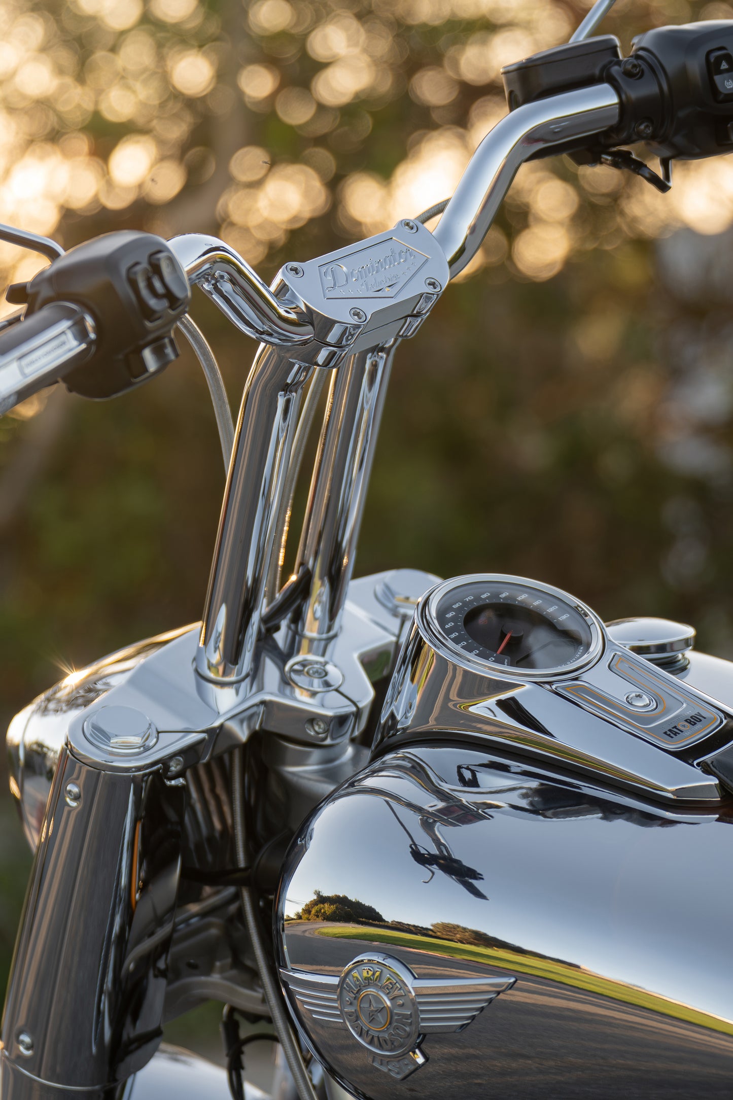 Low Bend Big Daddy 1.5 Pullback Riser &  Moto Bar Kit for 2025-2026 FAT BOY -  (Classic Chrome)
