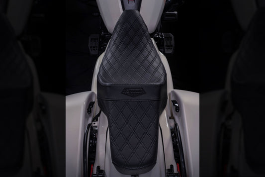 Redesigned 2024-2025 Touring Seat & Sissy Bar Combo, Our Stealth-Grip™ Double Diamond 2-Up Saddle combined with our Diablo Sissy Bar with 100% Matching Double Diamond Backrest Pad!