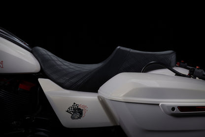 Redesigned 2024-2026 Touring Seat & Sissy Bar Combo, Our Stealth-Grip™ Double Diamond 2-Up Saddle combined with our Diablo Sissy Bar with 100% Matching Double Diamond Backrest Pad!