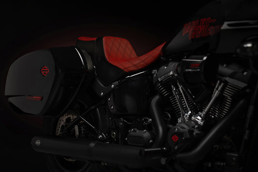 Red & Black Seat-Sissy Combo! Our Red Stealth-Grip™ Premium 2-Up Double Diamond Saddle and Sissy Bar for 2018-2025 Street Bob