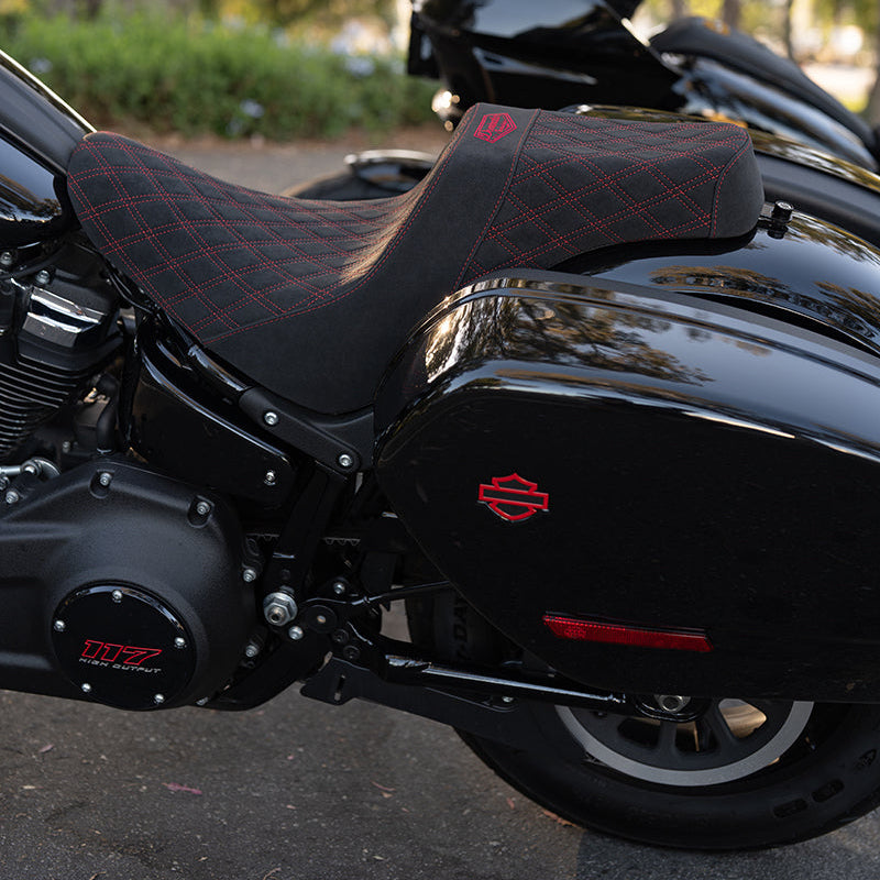 Signature Suede Double Diamond Saddle with Matching Sissy Bar Combo for the 2020-2026 Low Rider S & ST