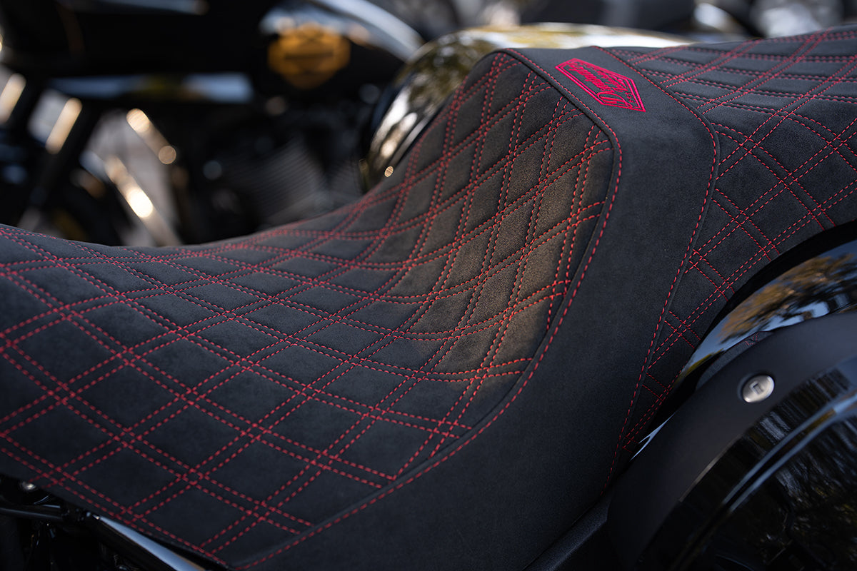 Signature Suede Double Diamond Saddle with Matching Sissy Bar Combo for the 2020-2026 Low Rider S & ST