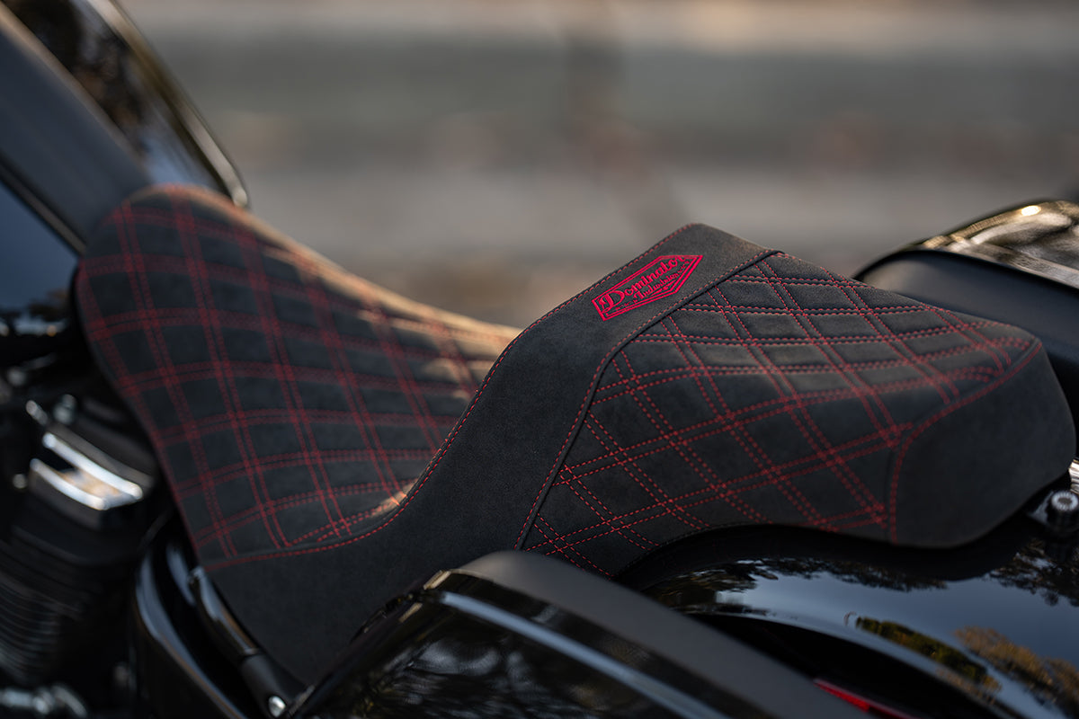 Signature Suede Double Diamond Saddle with Matching Sissy Bar Combo for the 2020-2026 Low Rider S & ST