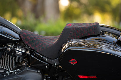 Signature Suede Double Diamond Saddle with Matching Sissy Bar Combo for the 2020-2026 Low Rider S & ST