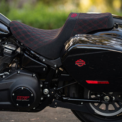 Signature Suede Double Diamond Saddle with Matching Sissy Bar Combo for the 2020-2026 Low Rider S & ST