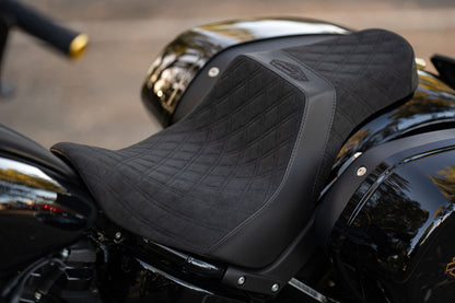 Signature Suede Double Diamond Saddle with Matching Sissy Bar Combo for the 2020-2026 Low Rider S & ST