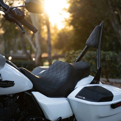 Redesigned 2024-2026 Touring Seat & Sissy Bar Combo, Our Stealth-Grip™ Double Diamond 2-Up Saddle combined with our Diablo Sissy Bar with 100% Matching Double Diamond Backrest Pad!