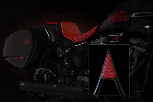 Red & Black Seat-Sissy Combo! Our Red Stealth-Grip™ Premium 2-Up Double Diamond Saddle and Sissy Bar for 2009-2023 Touring Models