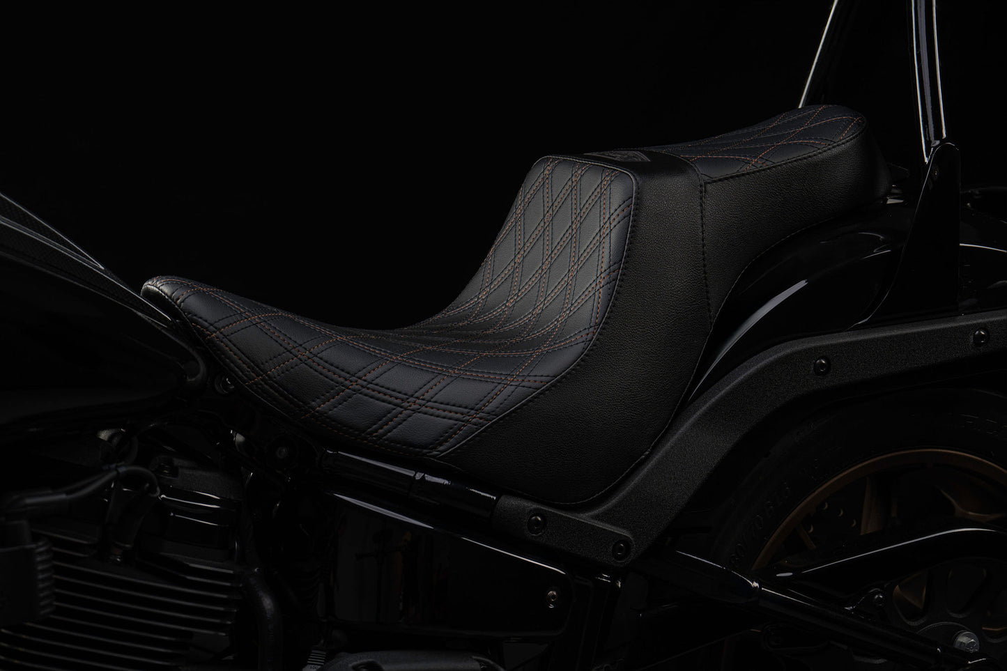 Bronze Stitch, Triple Diamond™, 2-Up Saddle & Diablo Sissy Bar with 100% Matching Triple Diamond™ Back Rest Pad! Fits 2020-2025 Low Rider S & ST