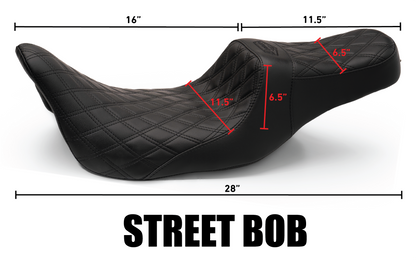 Seat & Sissy Bar Combo, Our Stealth-Grip™ Triple Diamond™ 2-Up Saddle combined with our Diablo Sissy Bar with 100% Matching Triple Diamond Backrest Pad! (Street Bob)