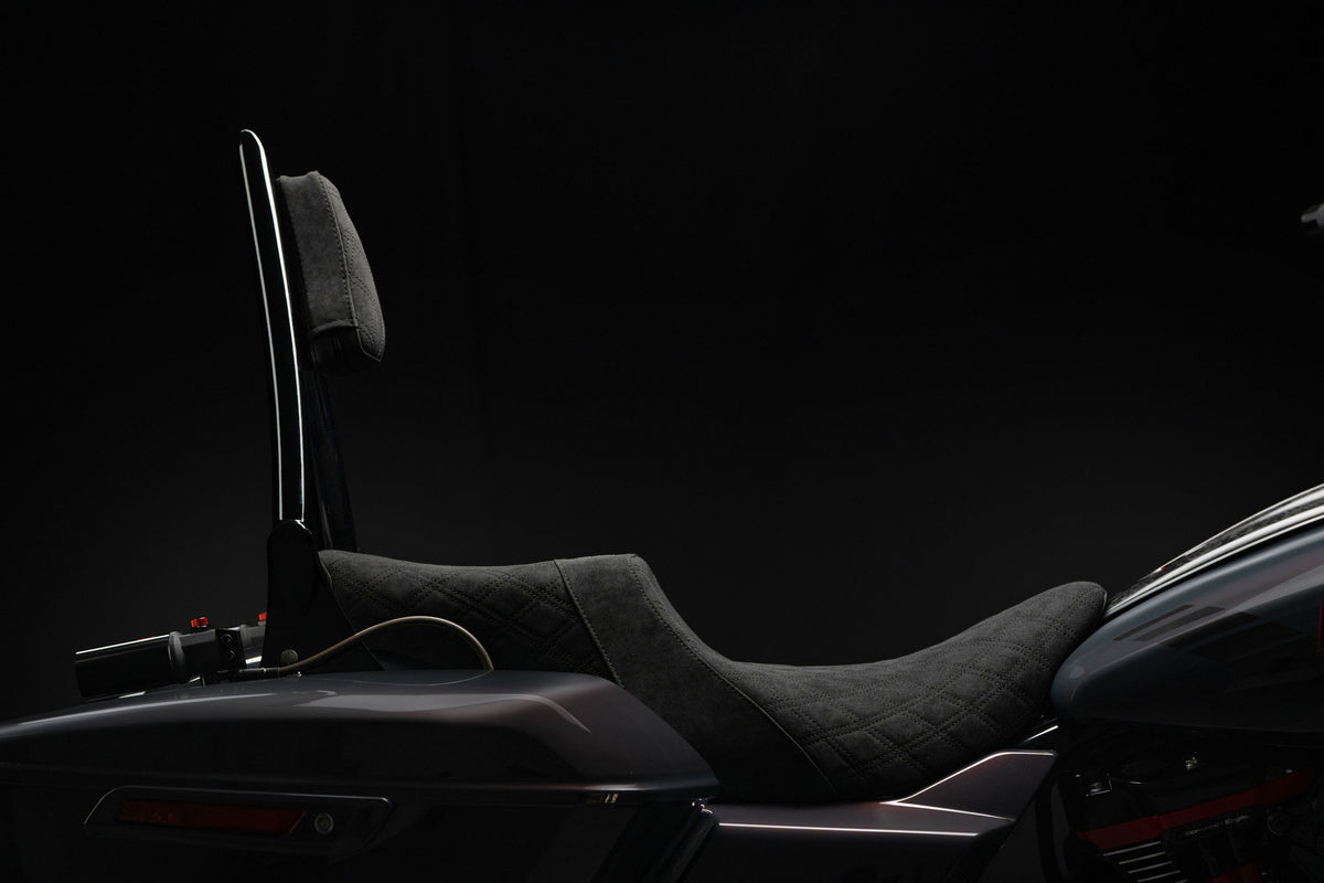 Signature Suede Double Diamond Saddle with Matching Sissy Bar Combo for the 2024-2026 Road Glide