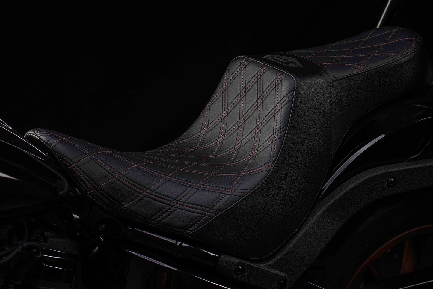 Seat & Sissy Bar Combo, Our Stealth-Grip™ Triple Diamond™ 2-Up Saddle combined with our Diablo Sissy Bar with 100% Matching Triple Diamond Backrest Pad! (Street Bob)