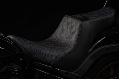 Seat & Sissy Bar Combo, Our Stealth-Grip™ Triple Diamond™ 2-Up Saddle combined with our Diablo Sissy Bar with 100% Matching Triple Diamond Backrest Pad! (Street Bob)