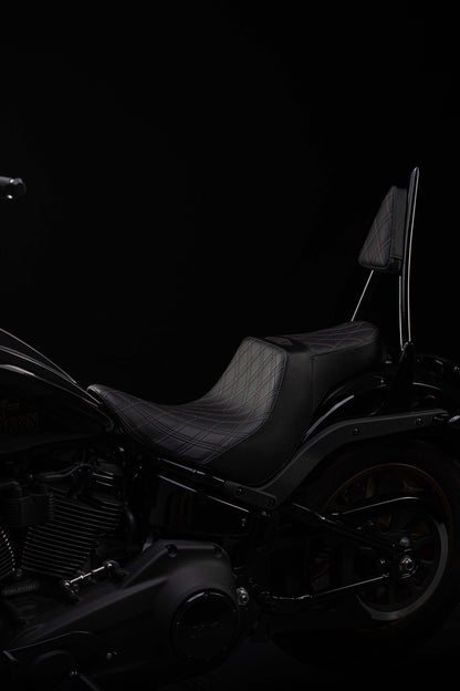 Seat & Sissy Bar Combo, Our Stealth-Grip™ Triple Diamond™ 2-Up Saddle combined with our Diablo Sissy Bar with 100% Matching Triple Diamond Backrest Pad! (Street Bob)