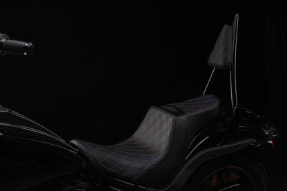 Seat & Sissy Bar Combo, Our Stealth-Grip™ Triple Diamond™ 2-Up Saddle combined with our Diablo Sissy Bar with 100% Matching Triple Diamond Backrest Pad! (Street Bob)
