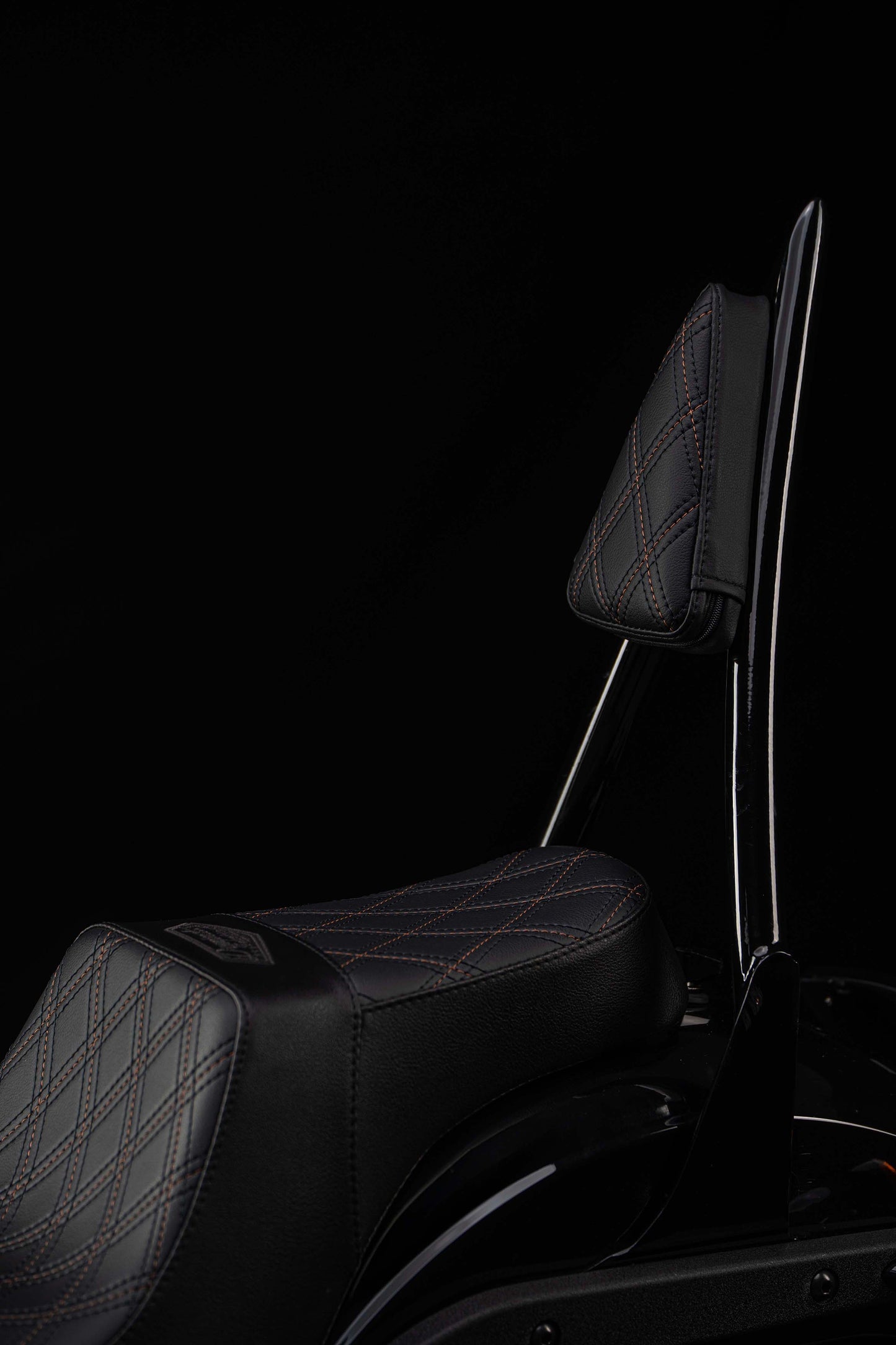 Seat & Sissy Bar Combo, Our Stealth-Grip™ Triple Diamond™ 2-Up Saddle combined with our Diablo Sissy Bar with 100% Matching Triple Diamond Backrest Pad! (Street Bob)