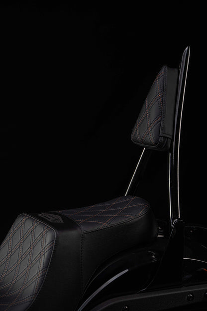 Seat & Sissy Bar Combo, Our Stealth-Grip™ Triple Diamond™ 2-Up Saddle combined with our Diablo Sissy Bar with 100% Matching Triple Diamond Backrest Pad! (Street Bob)