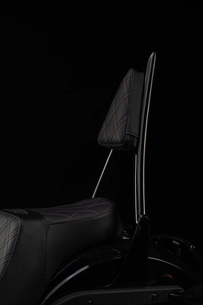 Seat & Sissy Bar Combo, Our Stealth-Grip™ Triple Diamond™ 2-Up Saddle combined with our Diablo Sissy Bar with 100% Matching Triple Diamond Backrest Pad! (Street Bob)