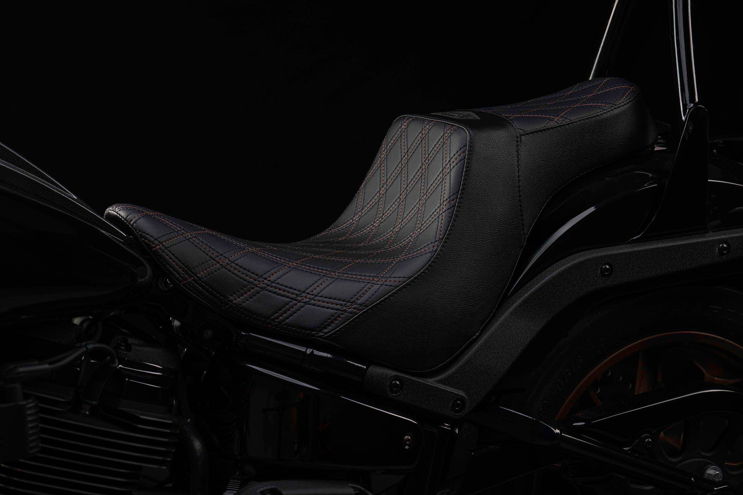 Seat & Sissy Bar Combo, Our Stealth-Grip™ Triple Diamond™ 2-Up Saddle combined with our Diablo Sissy Bar with 100% Matching Triple Diamond Backrest Pad! (Street Bob)