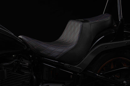 Seat & Sissy Bar Combo, Our Stealth-Grip™ Triple Diamond™ 2-Up Saddle combined with our Diablo Sissy Bar with 100% Matching Triple Diamond Backrest Pad! (Street Bob)