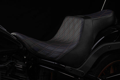 Seat & Sissy Bar Combo, Our Stealth-Grip™ Triple Diamond™ 2-Up Saddle combined with our Diablo Sissy Bar with 100% Matching Triple Diamond Backrest Pad! (Street Bob)