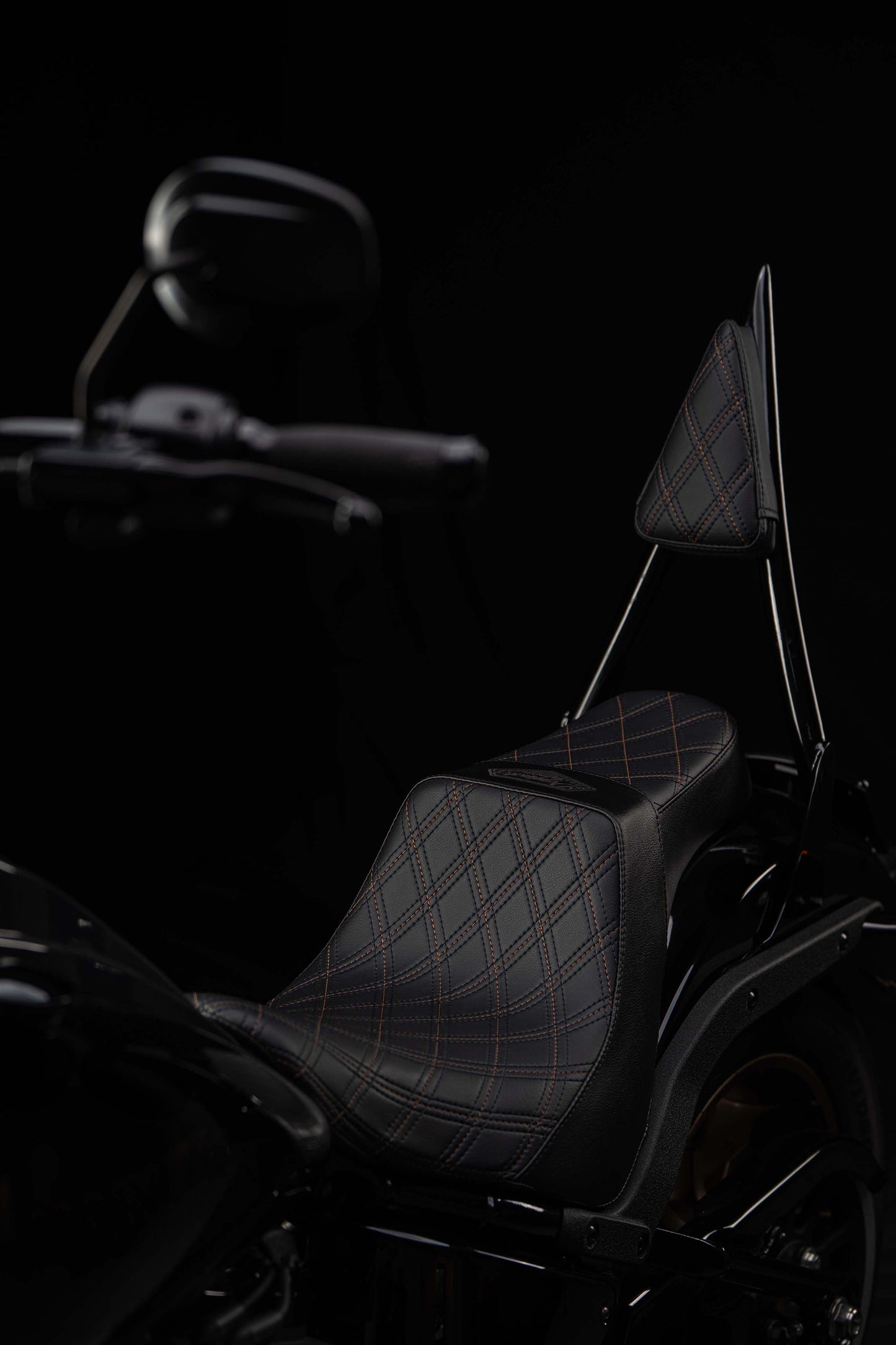 Seat & Sissy Bar Combo, Our Stealth-Grip™ Triple Diamond™ 2-Up Saddle combined with our Diablo Sissy Bar with 100% Matching Triple Diamond Backrest Pad! (Street Bob)