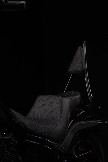 Seat & Sissy Bar Combo, Our Stealth-Grip™ Triple Diamond™ 2-Up Saddle combined with our Diablo Sissy Bar with 100% Matching Triple Diamond Backrest Pad! (Street Bob)
