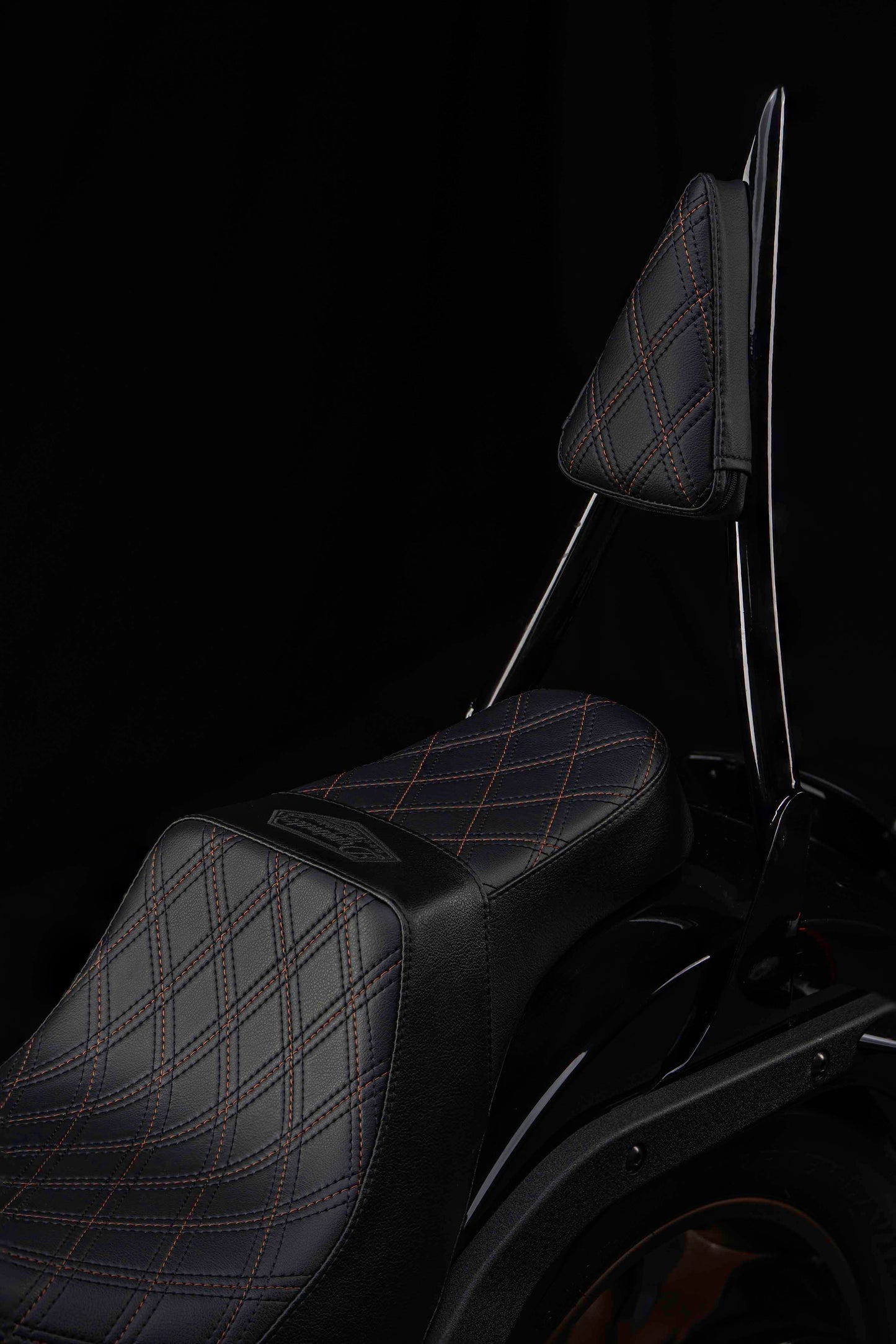 Seat & Sissy Bar Combo, Our Stealth-Grip™ Triple Diamond™ 2-Up Saddle combined with our Diablo Sissy Bar with 100% Matching Triple Diamond Backrest Pad! (Street Bob)