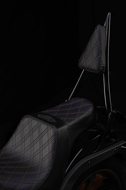 Seat & Sissy Bar Combo, Our Stealth-Grip™ Triple Diamond™ 2-Up Saddle combined with our Diablo Sissy Bar with 100% Matching Triple Diamond Backrest Pad! (Street Bob)